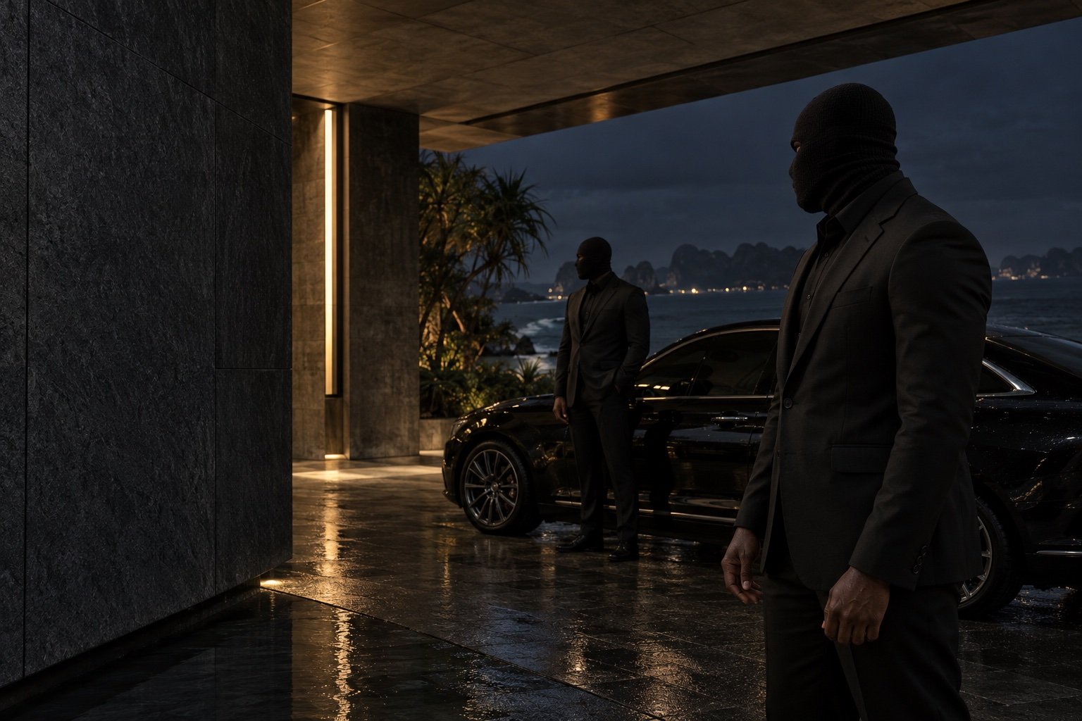 Generated campaign scene: Black male models with dark-brown skin in black suits beside an unbranded sedan, faces concealed