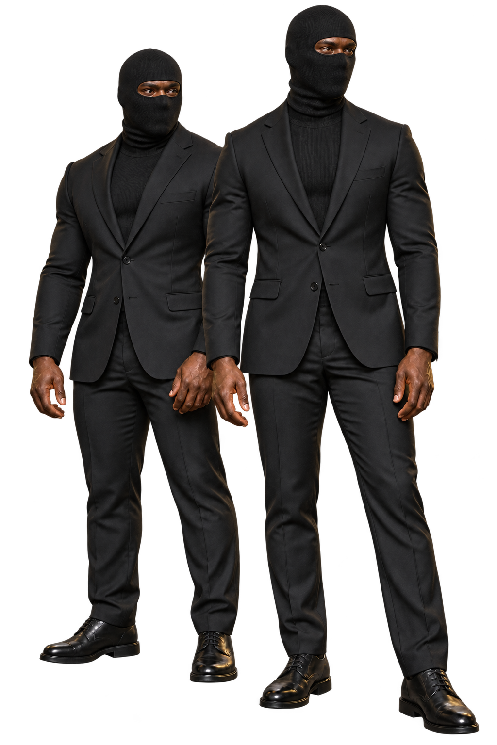 Fictional campaign models: two Black men with dark-brown skin, tailored black suits and concealed faces